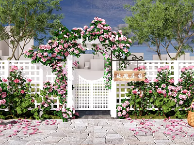 Beautiful Garden Entrance Gate Adorned With Pink Flowers Vines And White Picket Fence 3d model