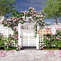Beautiful Garden Entrance Gate Adorned With Pink Flowers Vines And White Picket Fence