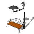 Outdoor Landscape Bench With Curved Metal Frame Wooden Seat And Umbrella Street Lamp