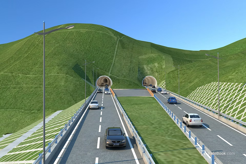 Scenic Garden Landscape Design Featuring Hillsides Tunnel Entrances Road Vehicles Street Lamps And Blue Sky 3d model 