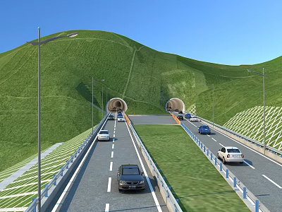 Scenic Garden Landscape Design Featuring Hillsides Tunnel Entrances Road Vehicles Street Lamps And Blue Sky 3d model