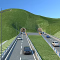 Scenic Garden Landscape Design Featuring Hillsides Tunnel Entrances Road Vehicles Street Lamps And Blue Sky