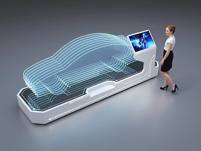 Woman Viewing Large Interactive Public Facility With 3D Car Wireframe And Blue Interface Screen 3d model