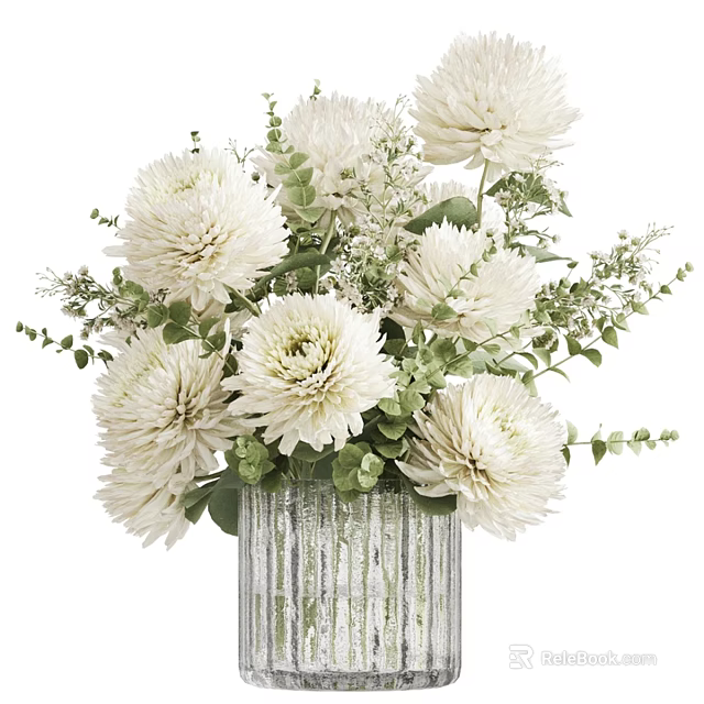 Elegant Decorative Ornament Set with White Flowers Green Leaves in Textured Vase 3d model 