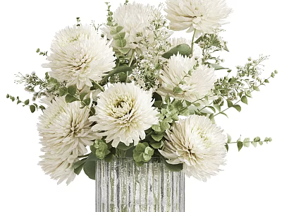 Elegant Decorative Ornament Set with White Flowers Green Leaves in Textured Vase 3d model