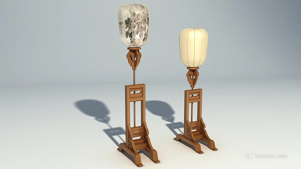 Chinese Style Floor Lamps With Wooden Carved Base And Patterned Plain Shades 3d model 