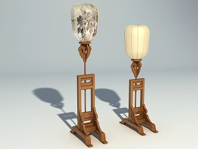 Chinese Style Floor Lamps With Wooden Carved Base And Patterned Plain Shades 3d model