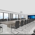 Conference Room Setup With Long Wooden Table Black Chairs Large Windows And Projection Screen