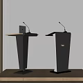 Modern Black Podiums With Microphones And Laptop On Wooden Platform Against Light Wall