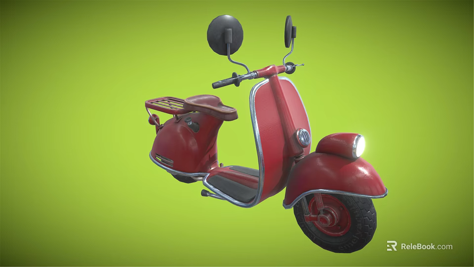 Red Vintage Scooter With Rearview Mirrors Headlight And Seat On Green Background 3d model 