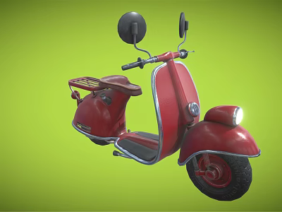 Red Vintage Scooter With Rearview Mirrors Headlight And Seat On Green Background 3d model