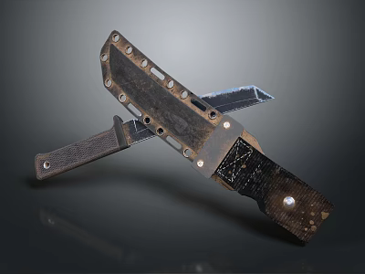 Rustic Combat Knife With Metal Blade Wooden Handle And Textured Sheath 3d model