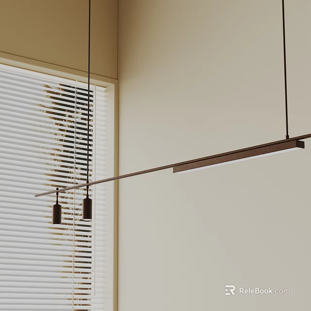 Modern Linear Pendant Light Hanging In Interior With Window Blinds And Ceiling 3d model