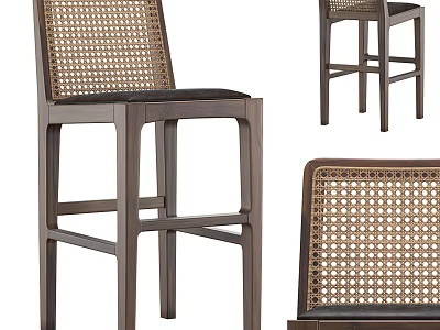 Modern Minimalist Bar Stools With Woven Rattan Backrest Dark Wooden Frame And Black Seat Cushion 3d model