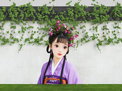 Scenic Wall Decorated With Green Ivy And Pink Flowers Featuring Girl In Traditional Costume 3d model