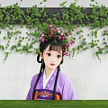 Scenic Wall Decorated With Green Ivy And Pink Flowers Featuring Girl In Traditional Costume