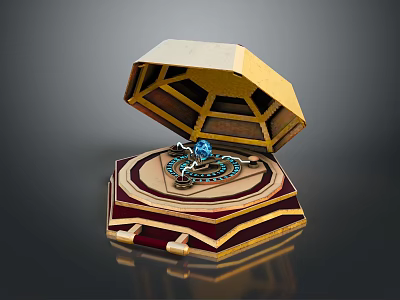 Open Jewelry Box With Elegant Ring Featuring Blue Gemstone And Gold Red Decorations 3d model
