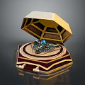 Open Jewelry Box With Elegant Ring Featuring Blue Gemstone And Gold Red Decorations