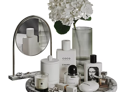 Bath and Daily Care Essentials on Vanity Tray with Mirror Candle and White Flowers 3d model