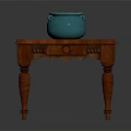 Reddish Brown Wooden Square Table with Carved Details Drawer and Blue Ceramic Jar on Top