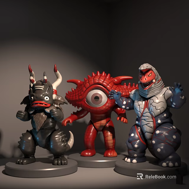 Colorful Monster Dolls with Black Horned Red One Eyed and Gray Armored Designs 3d model 