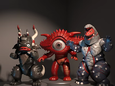 Colorful Monster Dolls with Black Horned Red One Eyed and Gray Armored Designs 3d model