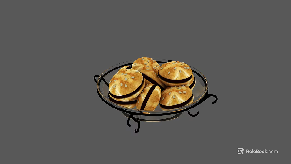 Delicious Sesame Buns On Black Tray With Round Shape And Sesame Seeds On Top 3d model 