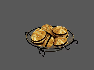 Delicious Sesame Buns On Black Tray With Round Shape And Sesame Seeds On Top 3d model