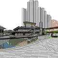 Modern Urban Commercial Street Design Featuring High Rise Buildings And Green Public Spaces