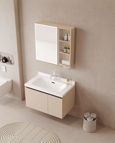 Minimalist Bathroom Vanity With Light Beige Cabinet And Wall Mounted Mirror Countertop Accessories 3d model