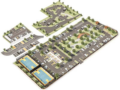 Modern Community Road Facilities Layout With Parking Lots Green Belts Pedestrian Paths And Sports Venues 3d model