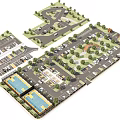 Modern Community Road Facilities Layout With Parking Lots Green Belts Pedestrian Paths And Sports Venues