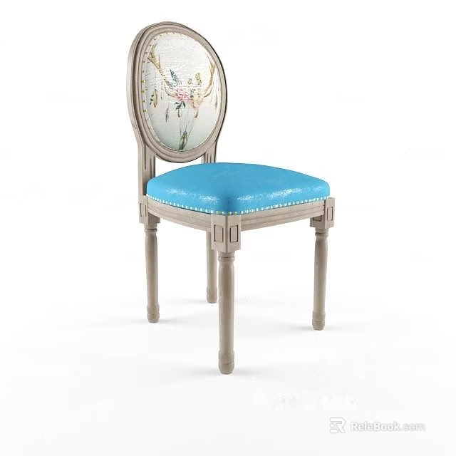 Elegant Dining Chair With Floral Pattern Backrest And Blue Leather Cushioned Seat 3d model 