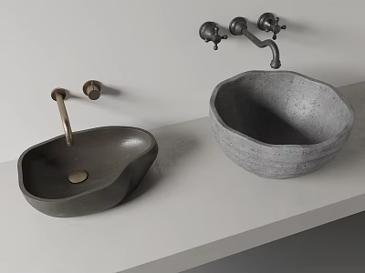 Modern Bathroom Concrete Washbasins With Irregular Shape And Wall Mounted Faucets 3d model