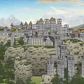 Ancient Architecture Historic Castle With Stone Towers Stone Walls Mountain Backdrop And Greenery
