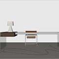 Modern Glass Desk With Wooden Drawer Brown Chair And White Table Lamp