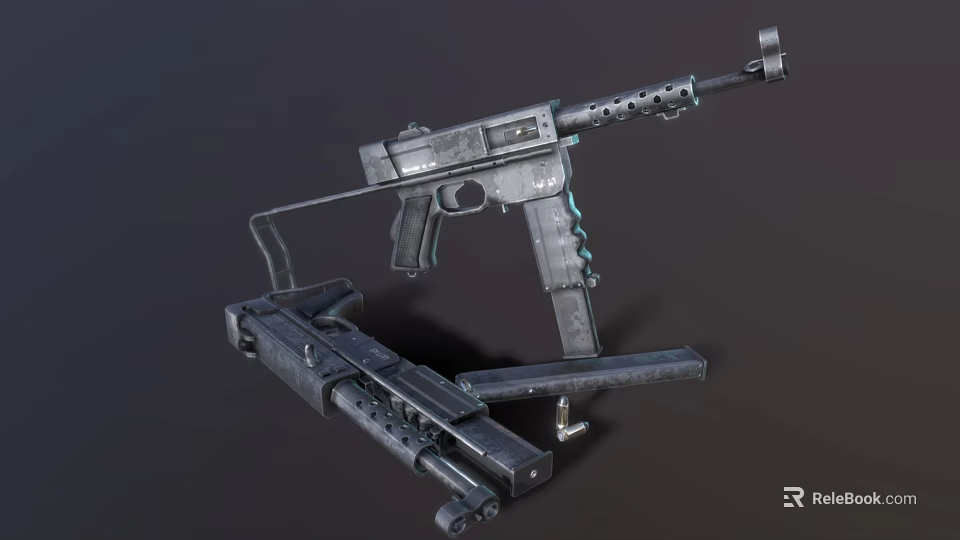 Tactical Metal Submachine Gun With Detachable Magazine And Foldable Stock 3d model 