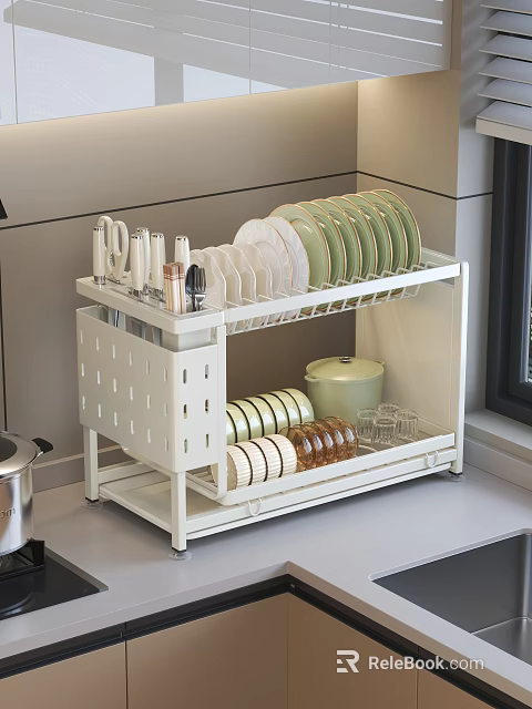 Organized Kitchenware Storage Two Tier Drying Rack Plates Knives Cups Spice Jars Green Pot 3d model 