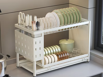 Organized Kitchenware Storage Two Tier Drying Rack Plates Knives Cups Spice Jars Green Pot 3d model