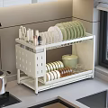 Organized Kitchenware Storage Two Tier Drying Rack Plates Knives Cups Spice Jars Green Pot