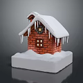 Small Red Brick House Model With Snow Covered Roof Icicles Clock And White Base