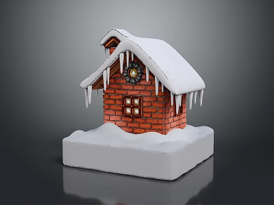 Small Red Brick House Model With Snow Covered Roof Icicles Clock And White Base 3d model