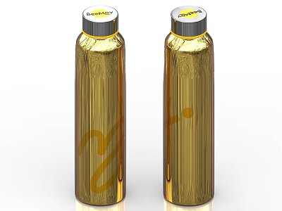 Golden Stainless Steel Water Bottles With Striped Design And Silver Lids 3d model