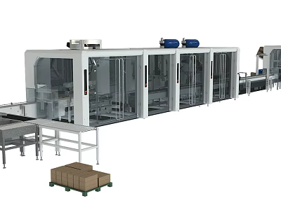 Commercial Automated Packaging Production Line Machinery With Conveyor System And Carton Pallet 3d model