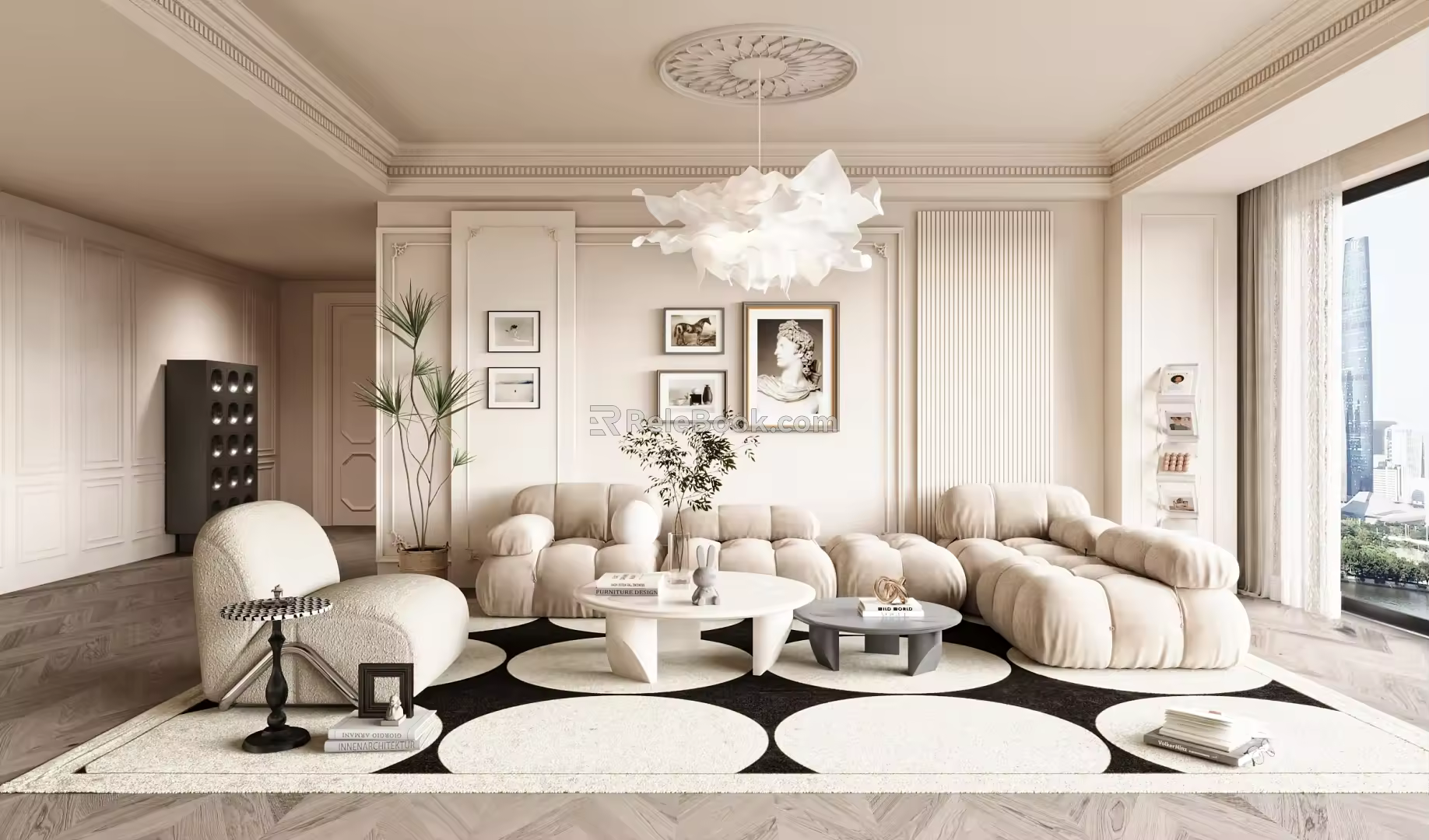 Cream Style Living Room Sofa Coffee Table Combination Background Wall Chandelier Combination Hanging Picture Bucket Cabinet Bookshelf 3d model