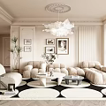 Cream Style Living Room Sofa Coffee Table Combination Background Wall Chandelier Combination Hanging Picture Bucket Cabinet Bookshelf 3d model