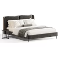 White and Orange Headboard Double Bed with Pillows Striped Blanket and Nightstand