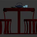 Dark Wooden Round Table With Tea Set And Three Checkerboard Pattern Stools 3d model
