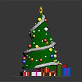 Green Decorated Christmas Tree With Star Top Colorful Ornaments And Gift Boxes Around Base