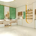 Modern Boutique Store With Green Shelves Gold Frames Circular Mirrors White Walls And Marble Counter